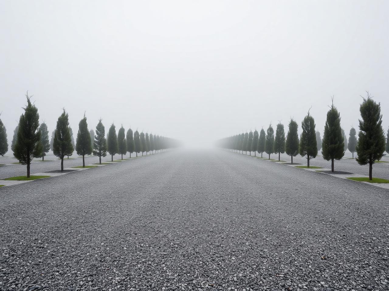 Foggy tree-lined path at a memorial site